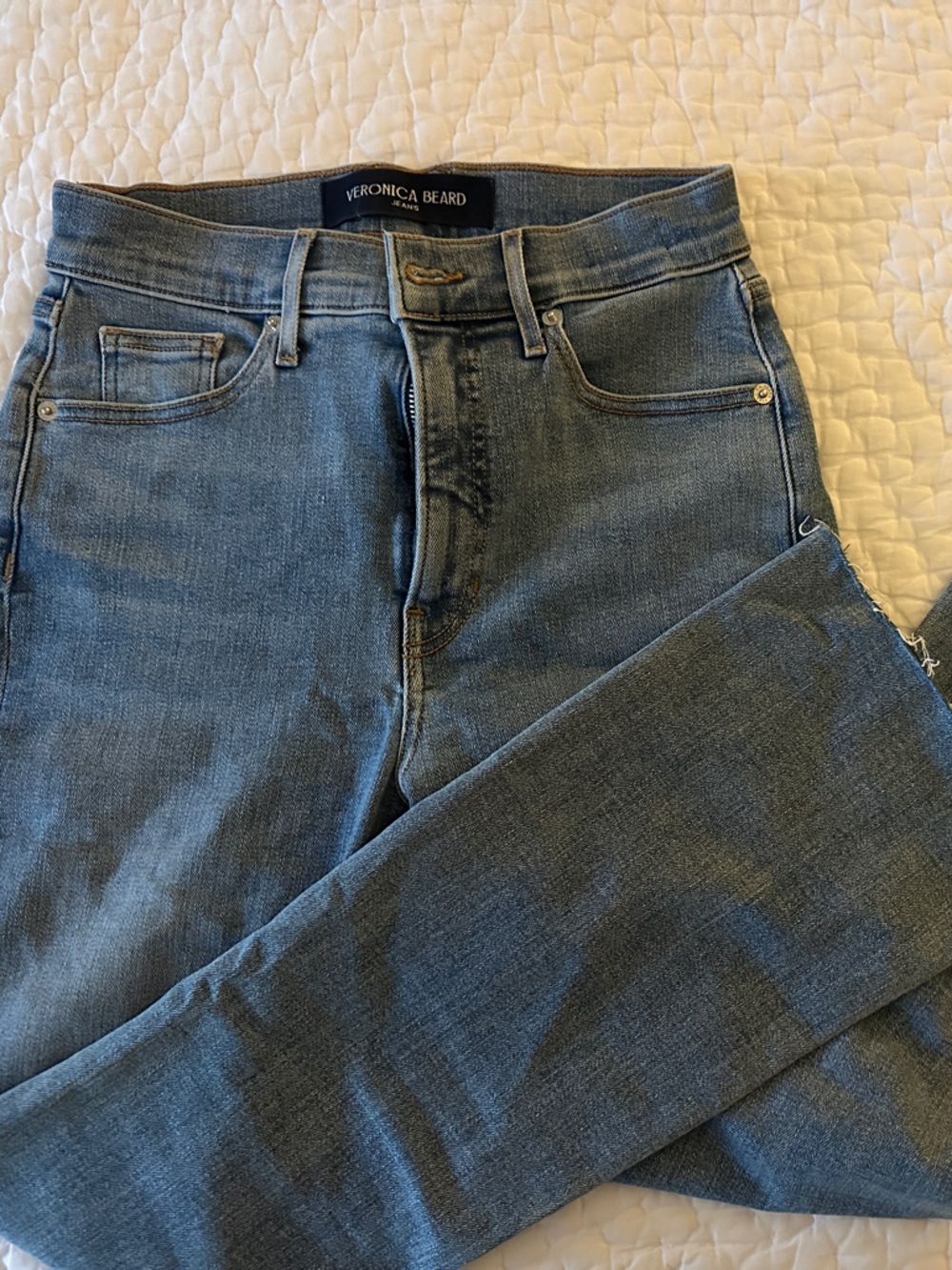Veronica Beard Light Blue Cropped Straight Jeans with Frayed Hem